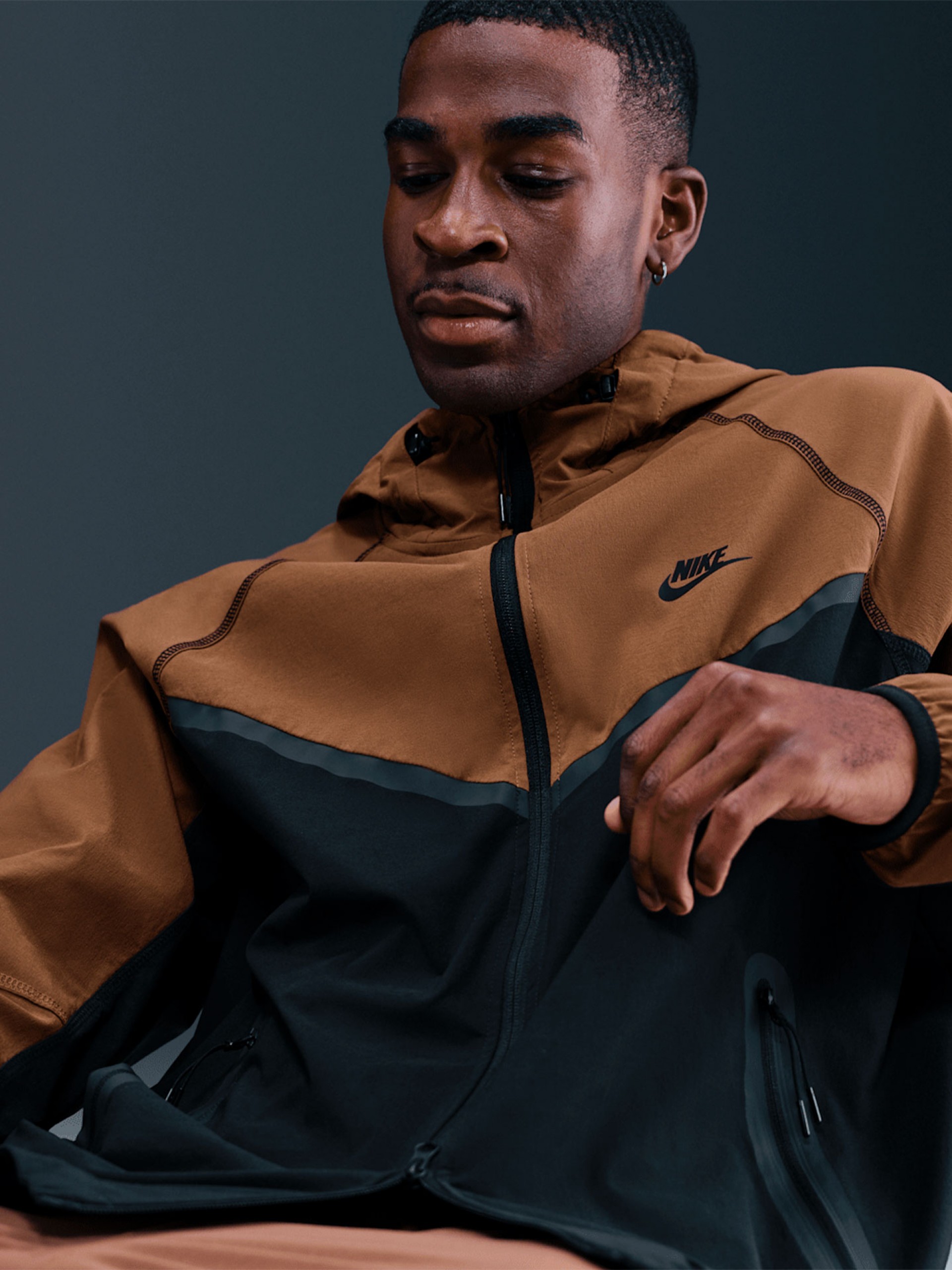Nike Tech Woven Camel and Black Hooded Windbreaker Jacket For Men
