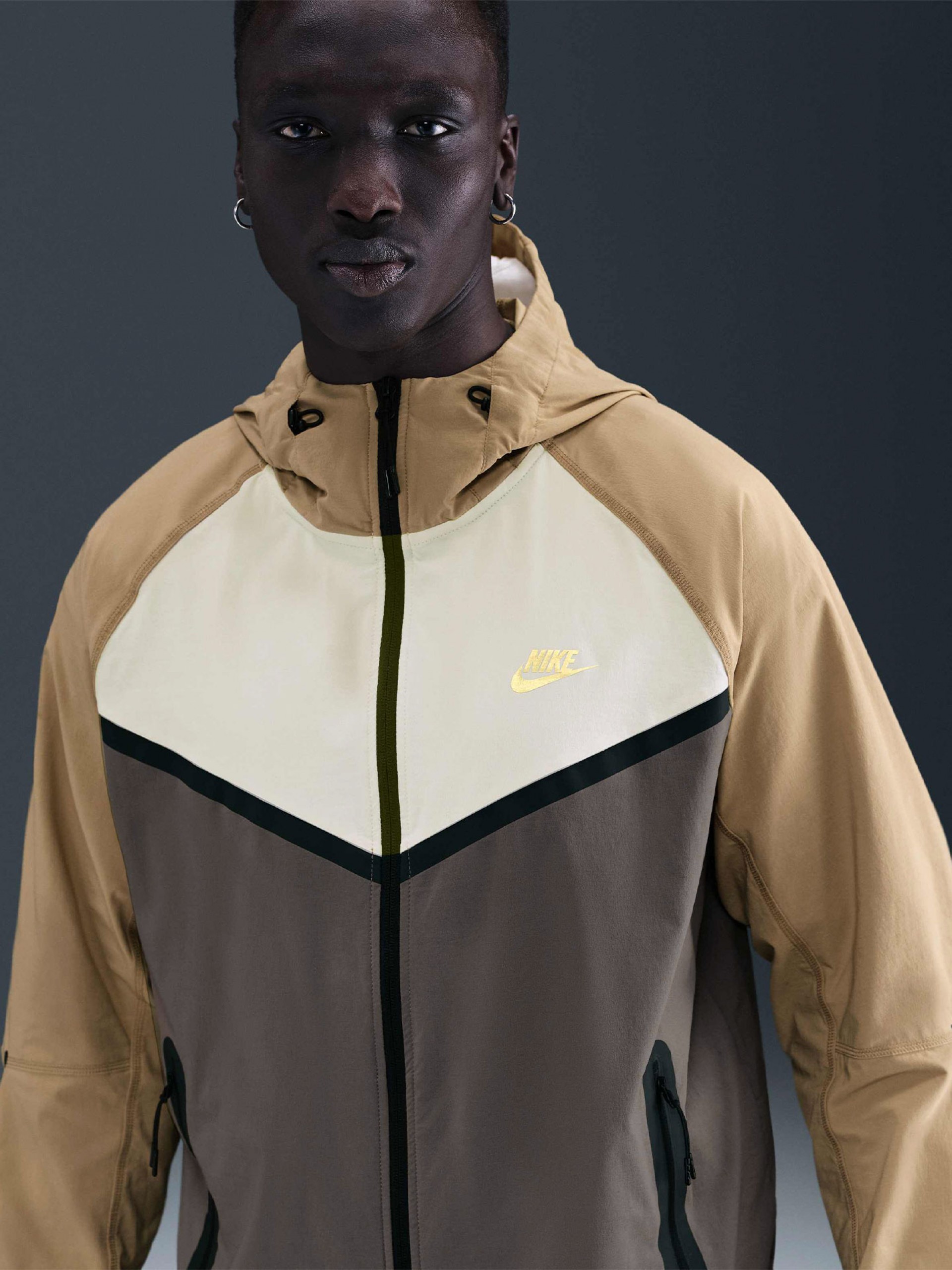 Nike Tech Windrunner Grey and Khaki Hooded Windbreaker Jacket For Men
