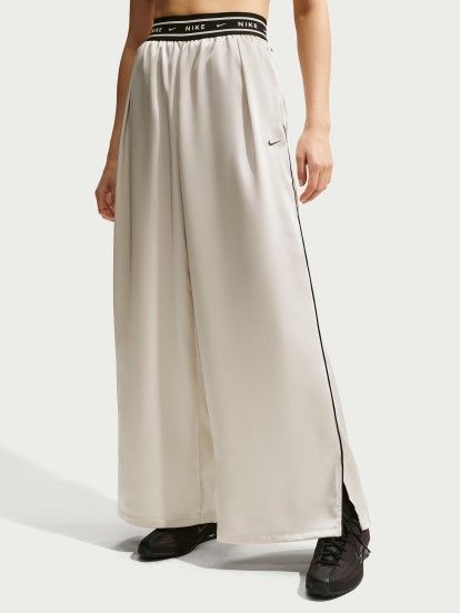 Nike Sportswear Loose Mid-Rise Satin Beige and Black Trousers For Women