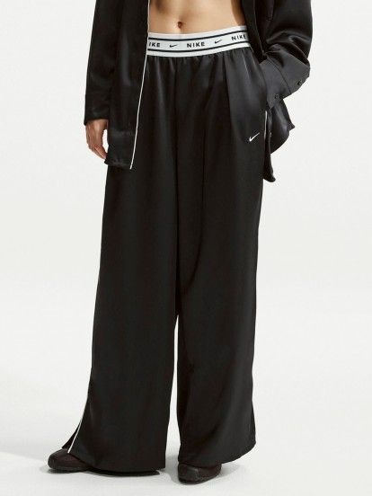 Nike Sportswear Loose Mid-Rise Satin Black and White Trousers For Women