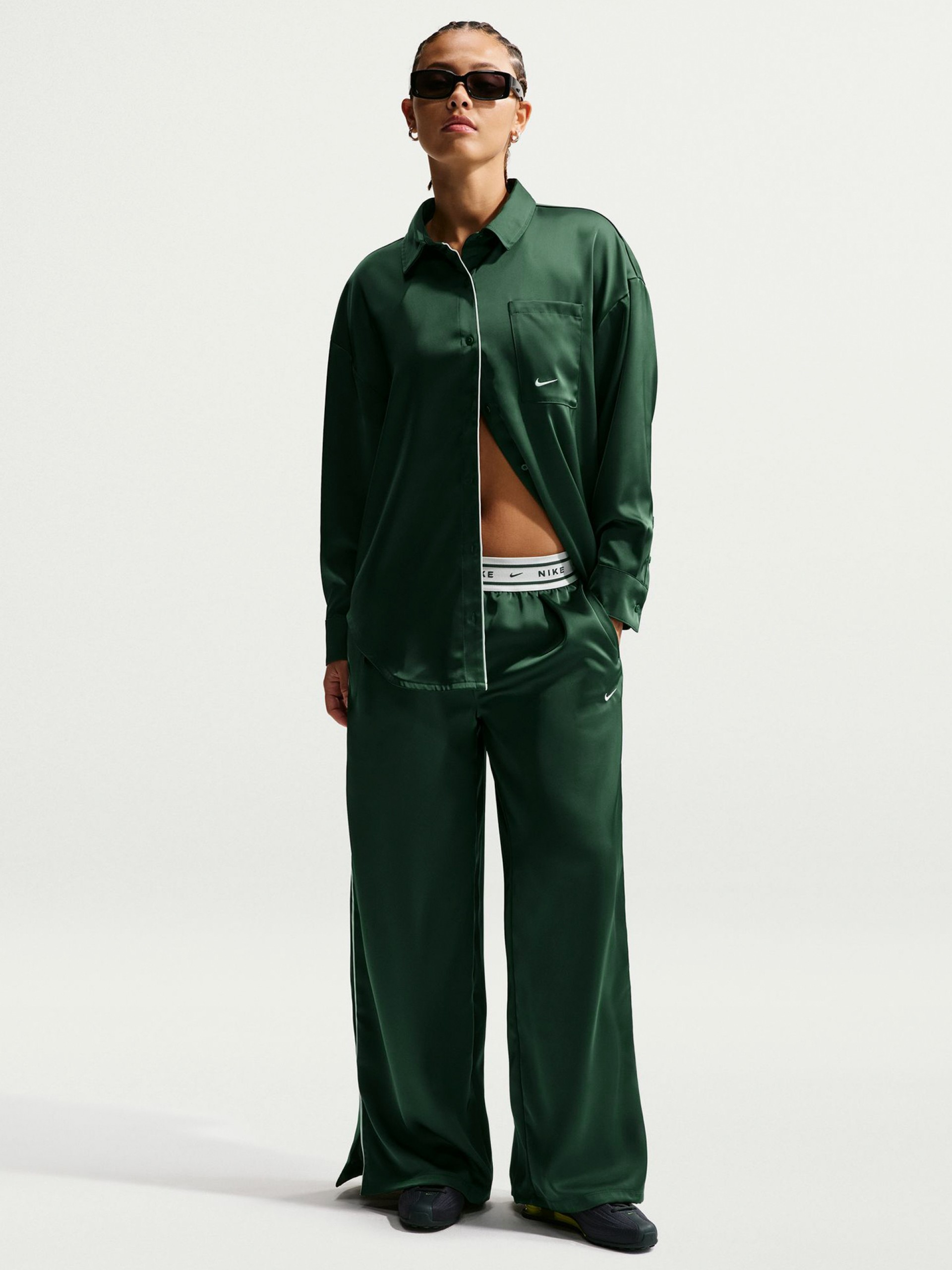 Nike Sportswear Loose Mid-Rise Satin Green and White Trousers For Women
