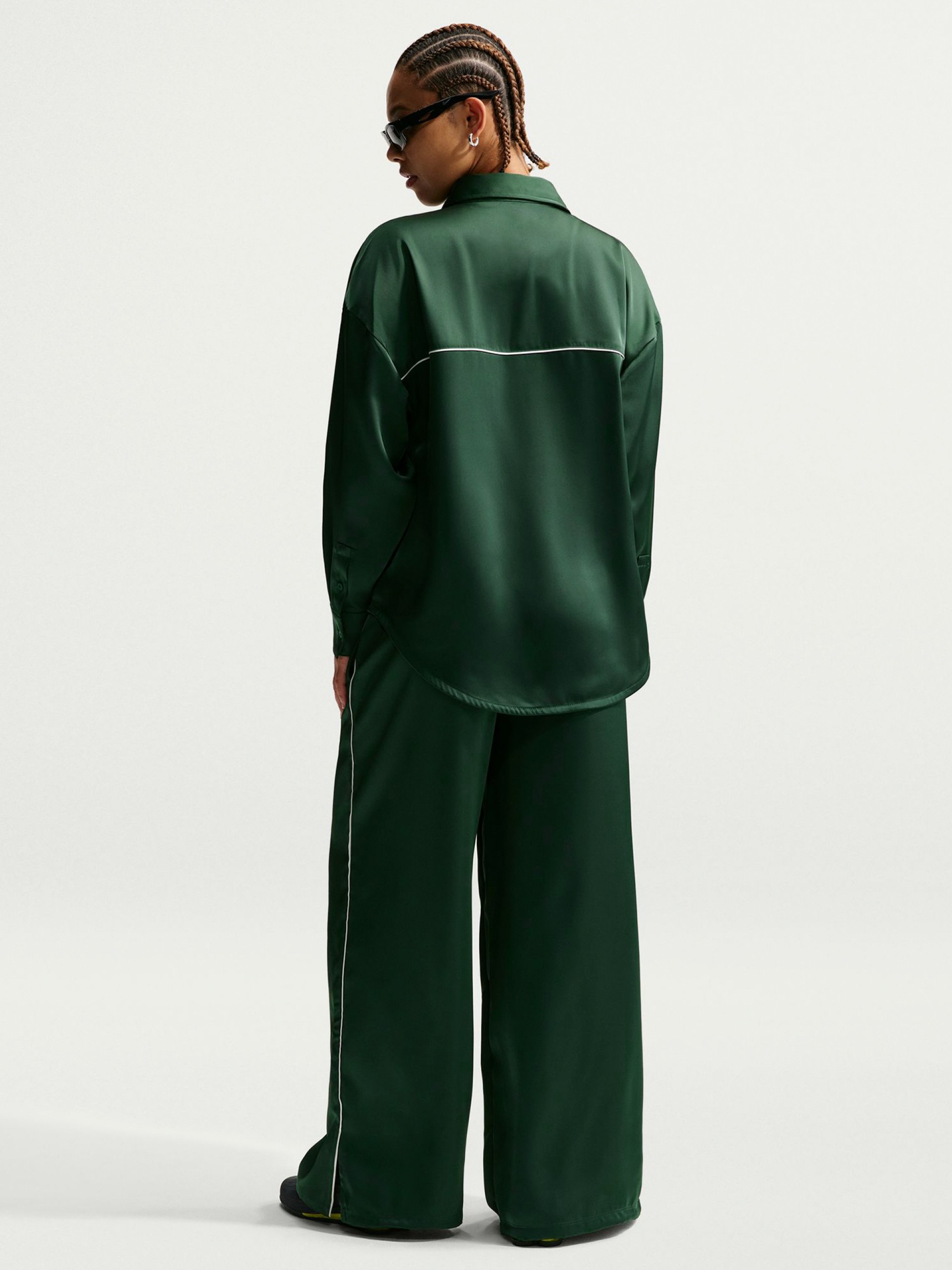 Nike Sportswear Loose Mid-Rise Satin Green and White Trousers For Women