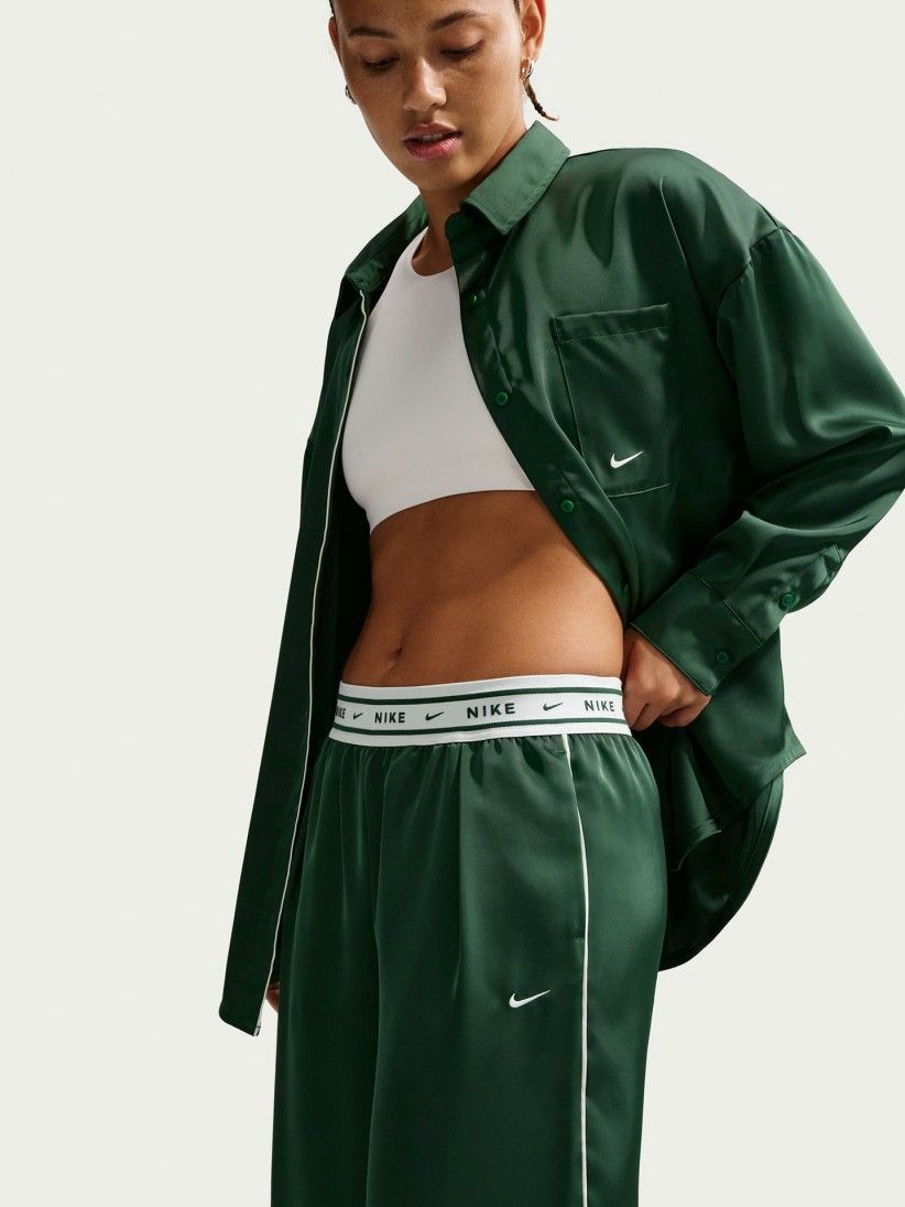 Nike Sportswear Loose Mid-Rise Satin Green and White Trousers For Women
