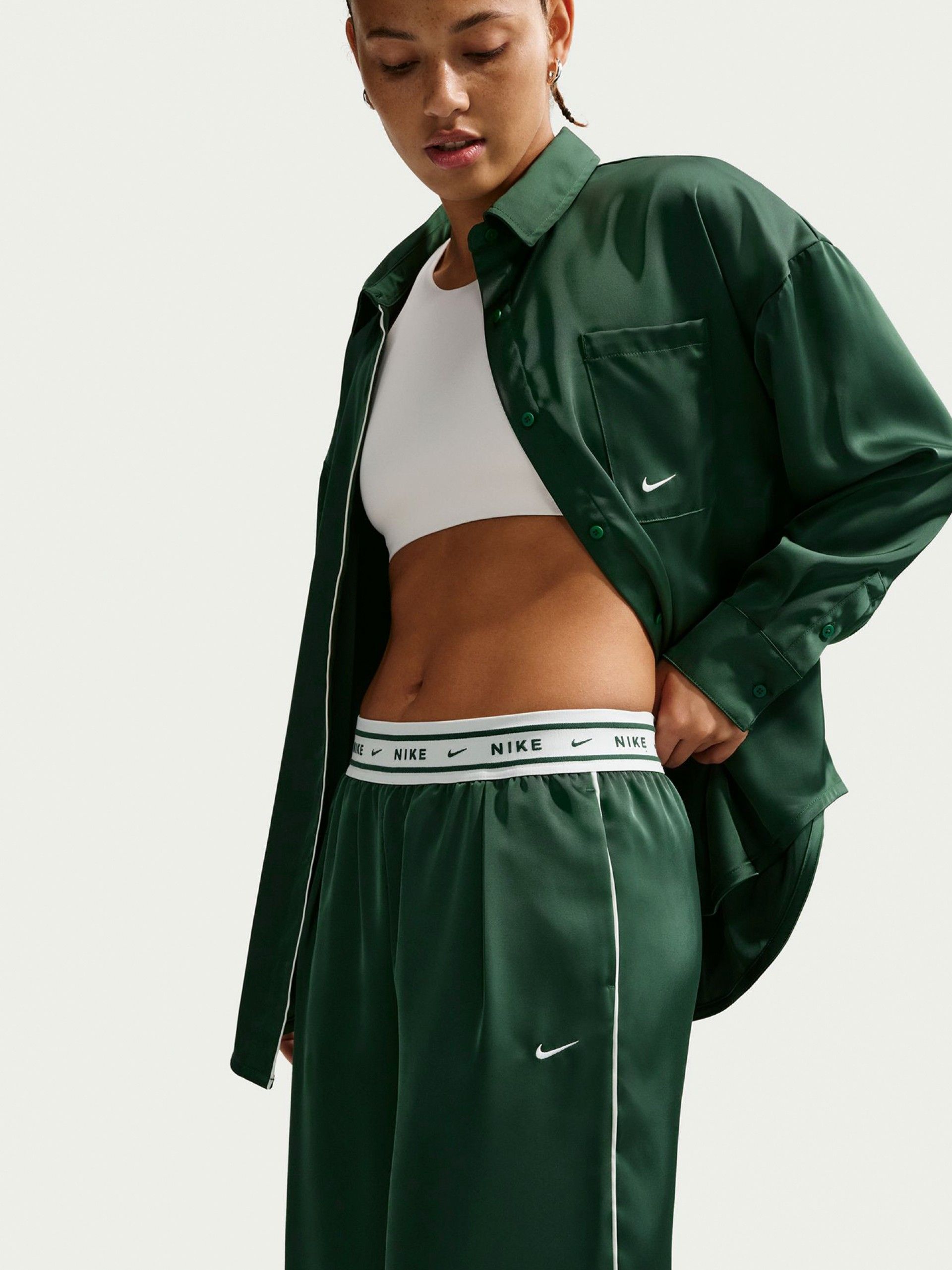 Nike Sportswear Loose Mid-Rise Satin Green and White Trousers For Women