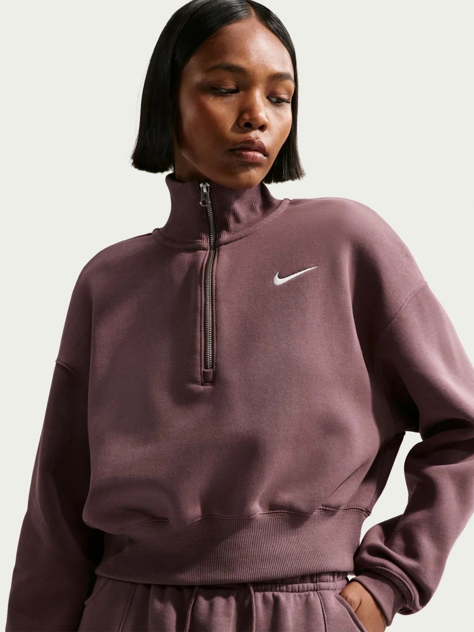 Nike Sportswear Phoenix Fleece Crop Burgundy Zip Sweater For Women