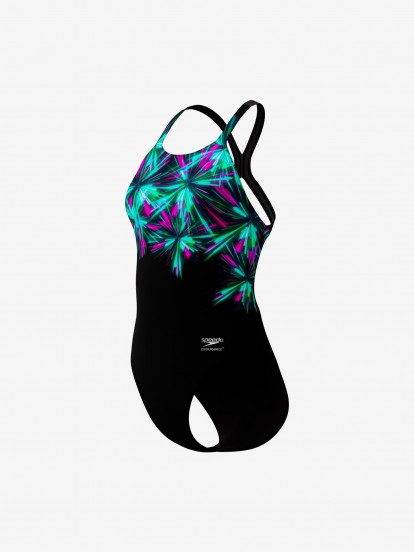 Speedo Placement Printed Powerback One Piece Black Swimsuit Speedo Placement Printed Powerback One Piece Black Swimsuit