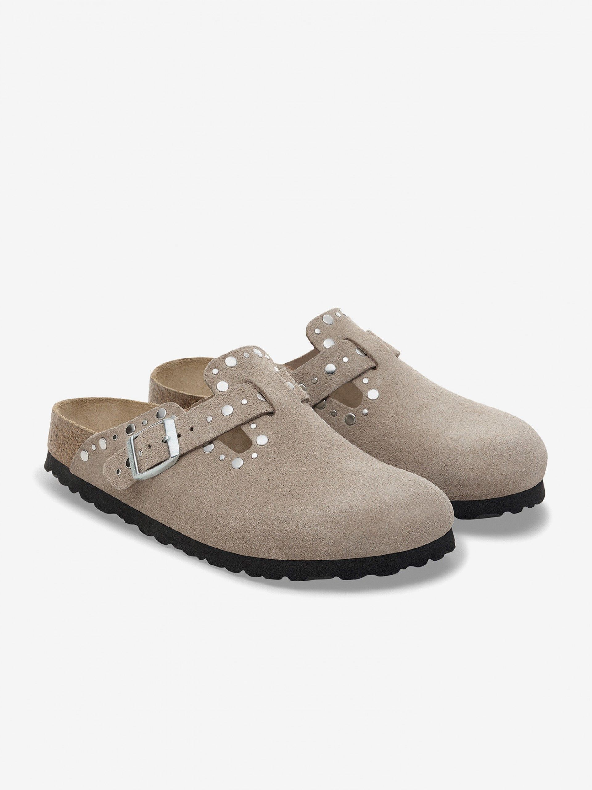 Chinelos Birkenstock Boston Rivets Couro em Camurça Bege