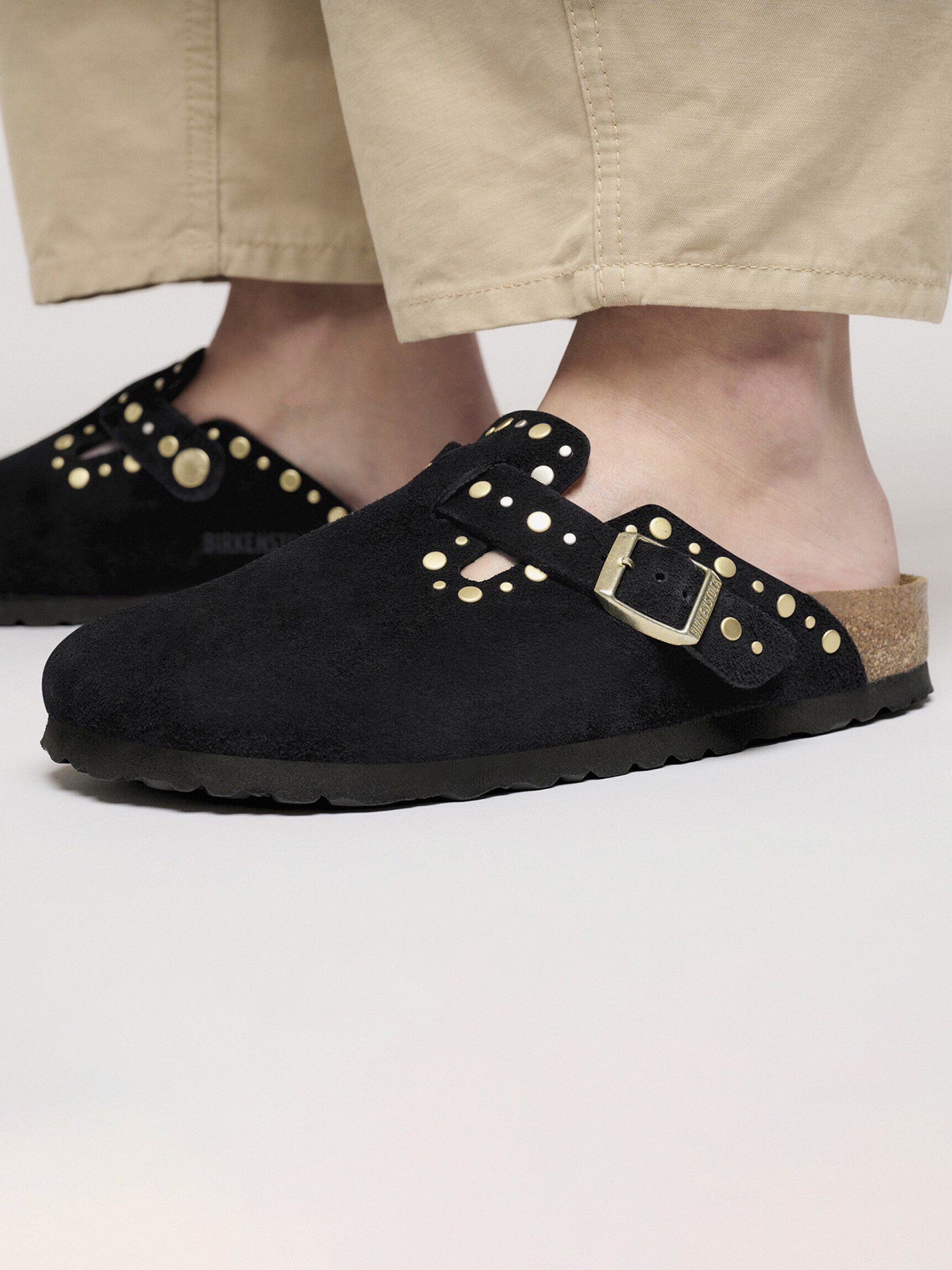 Chinelos Birkenstock Boston Rivets Couro em Camurça Pretos