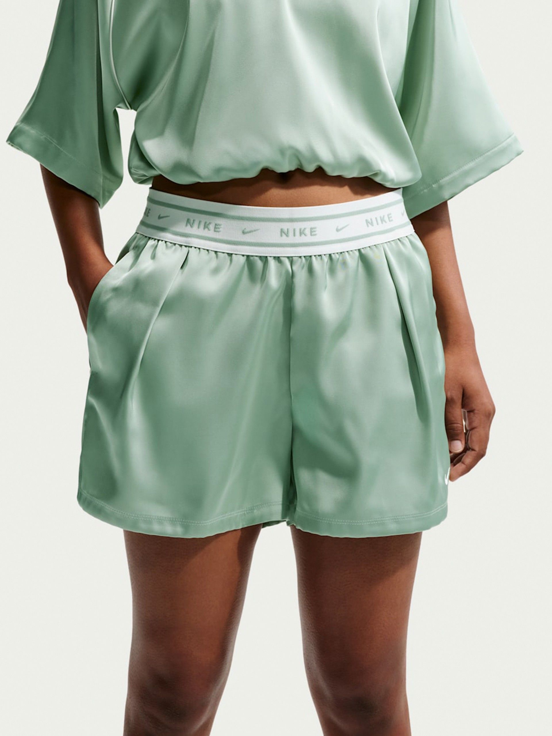 Nike Sportswear Loose Mid-Rise Satin Green Shorts For Women