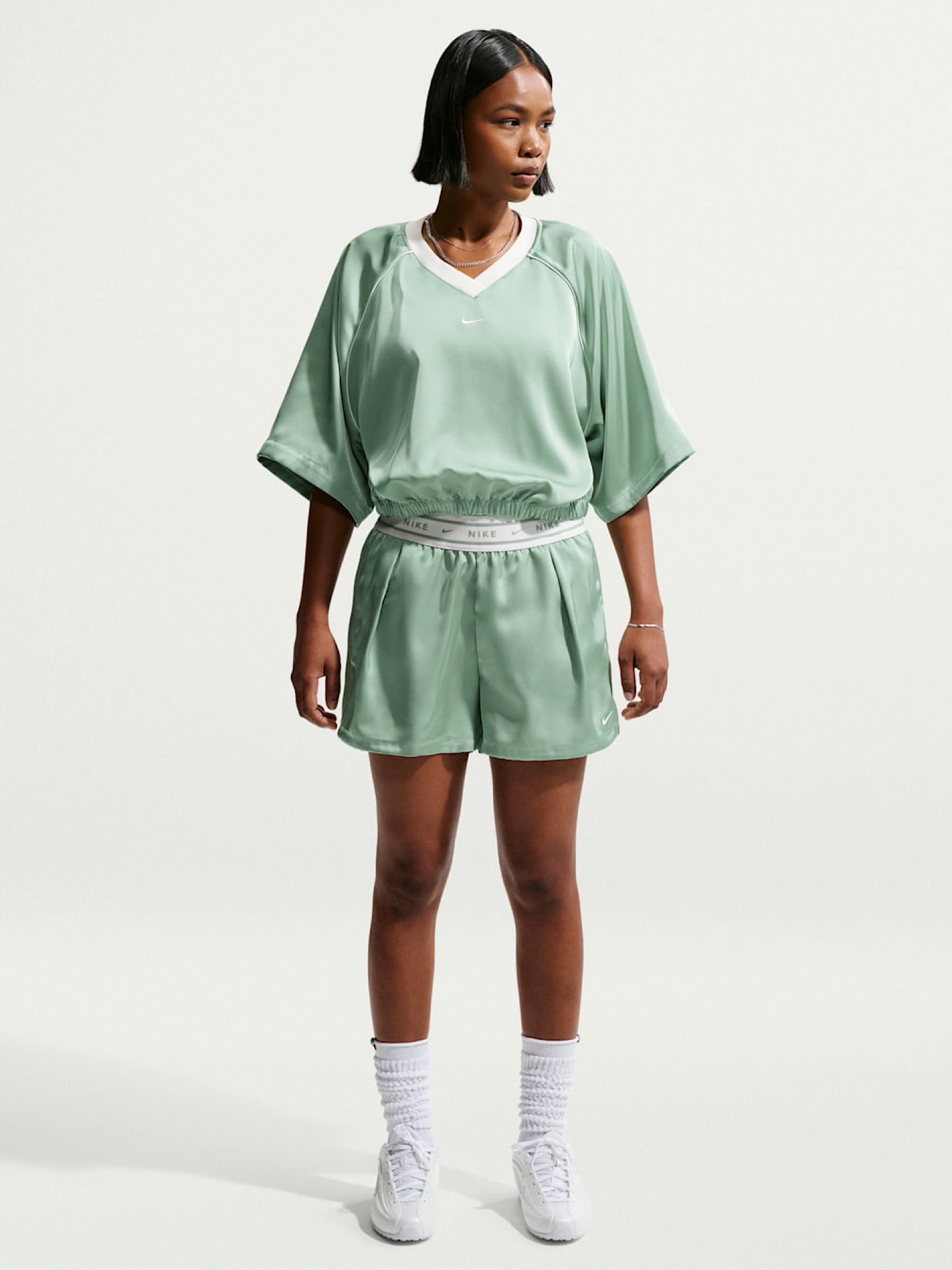 Nike Sportswear Loose Mid-Rise Satin Green Shorts For Women