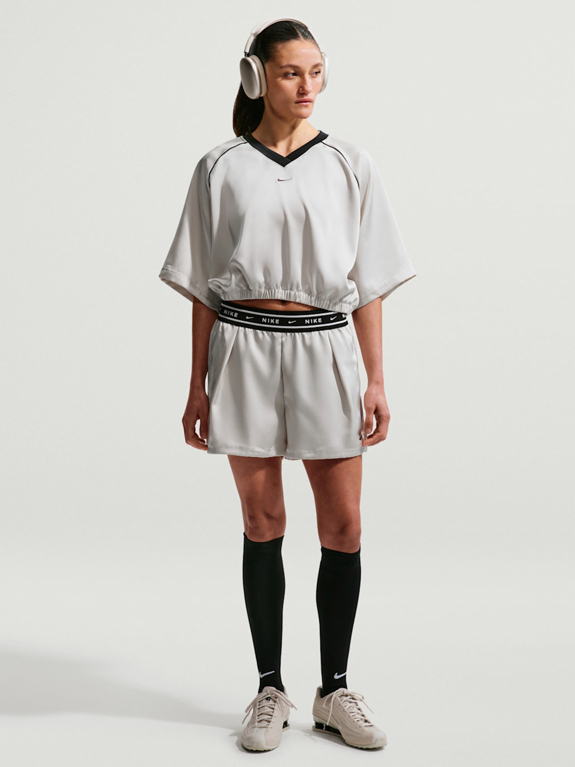 Nike Sportswear Loose Mid-Rise Satin Beige Shorts For Women