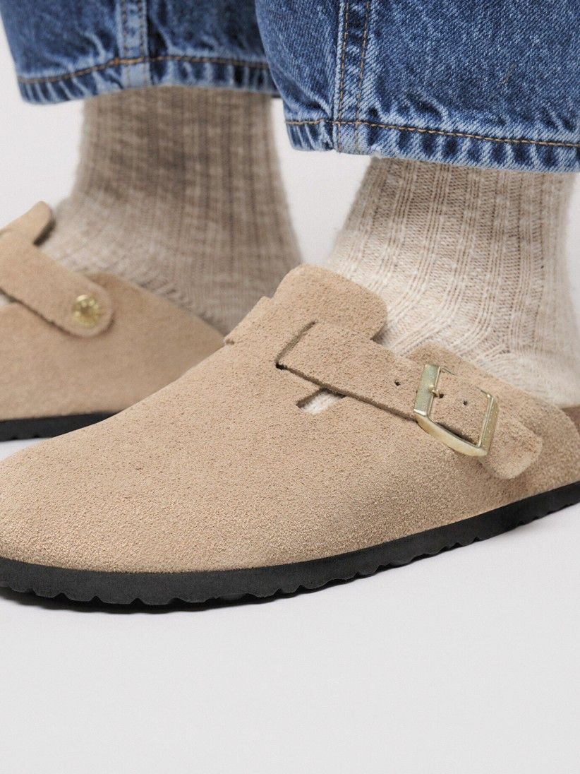 Birkenstock Boston Suede Leather Beige Slides Birkenstock Boston Suede Leather Beige Slides
