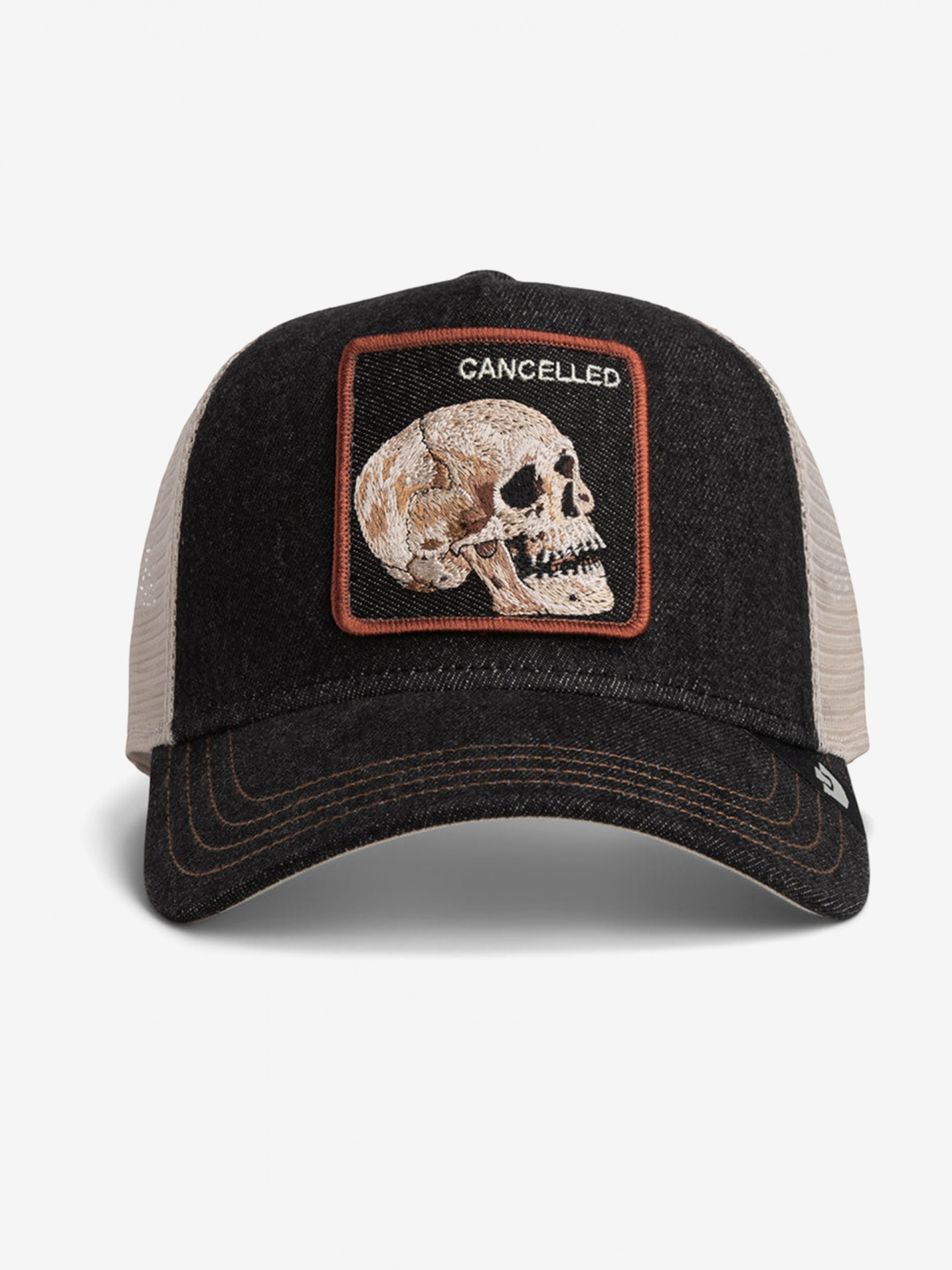 Gorra Vaquera Goorin Bros Skull Cancelled Trucker Negra y Beige