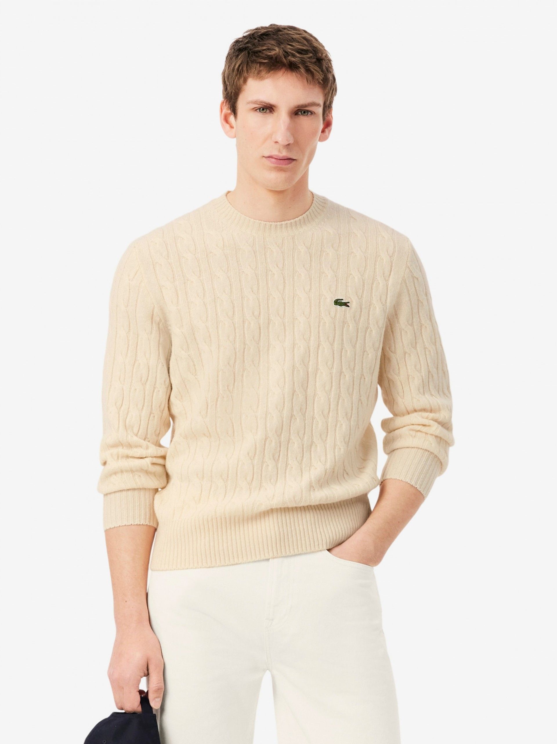 Camisola Lacoste de Malha e Lã Cardada Crew Bege