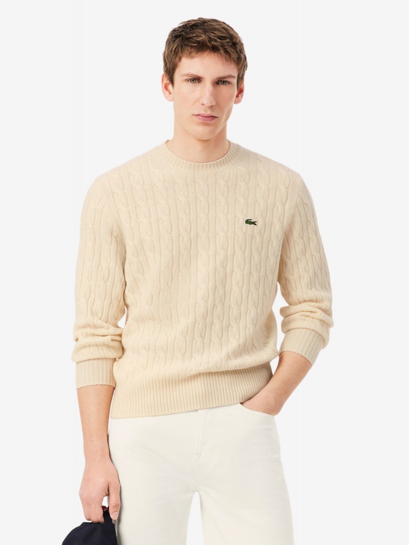 Camisola Lacoste de Malha e L� Cardada Crew Bege