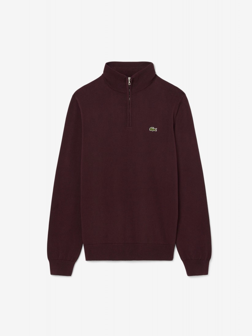 Camisola com Fecho Lacoste de Gola Alta em Algod�o Bordeaux