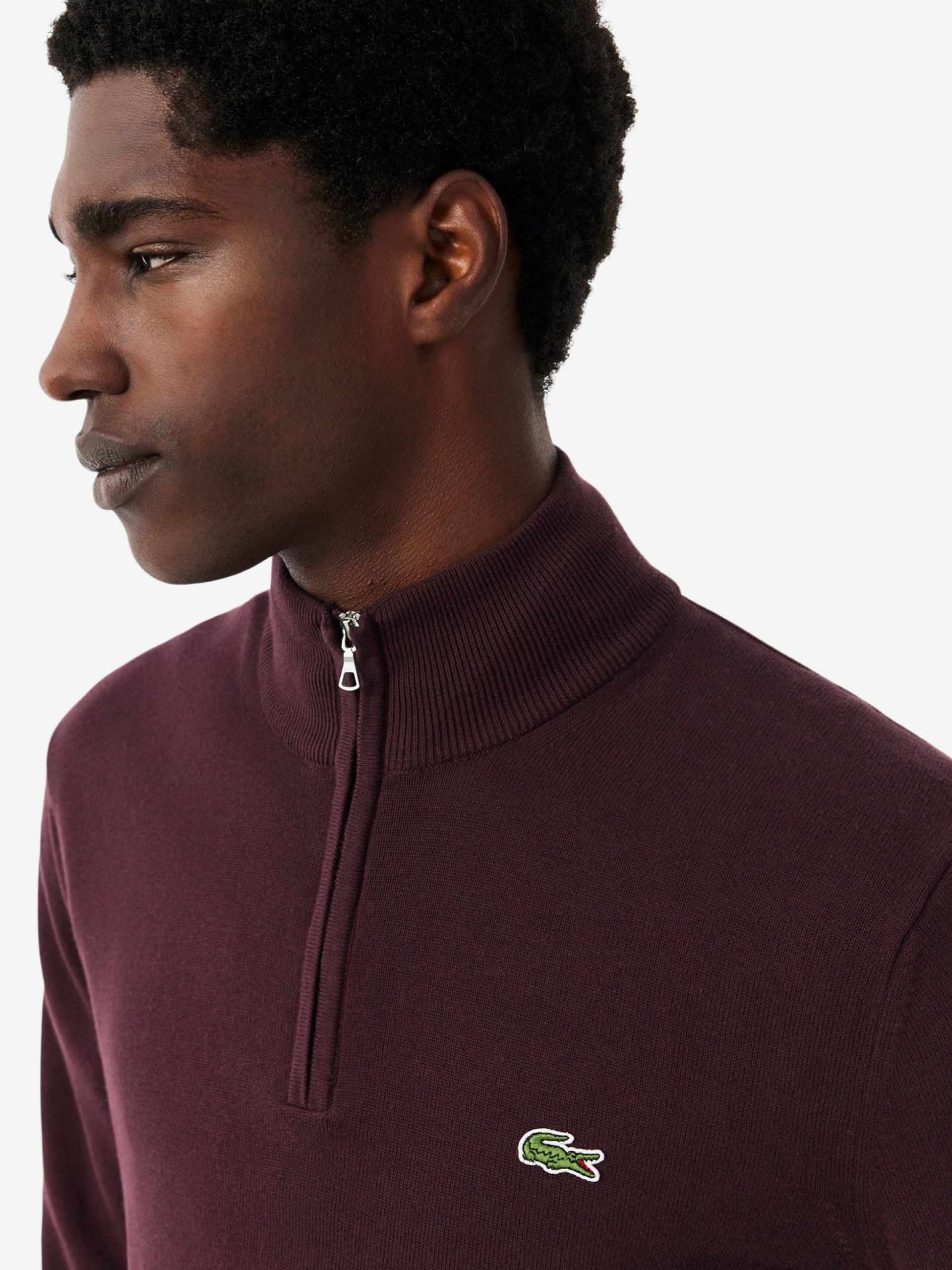 Lacoste High Neck Cotton Burgundy Zip Sweater