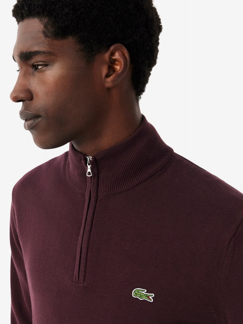 Camisola com Fecho Lacoste de Gola Alta em Algod�o Bordeaux