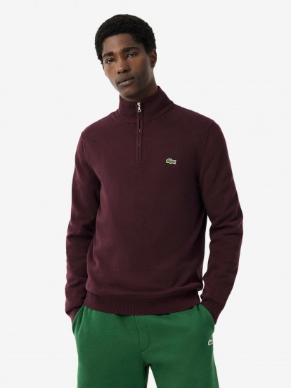 Camisola com Fecho Lacoste de Gola Alta em Algod�o Bordeaux