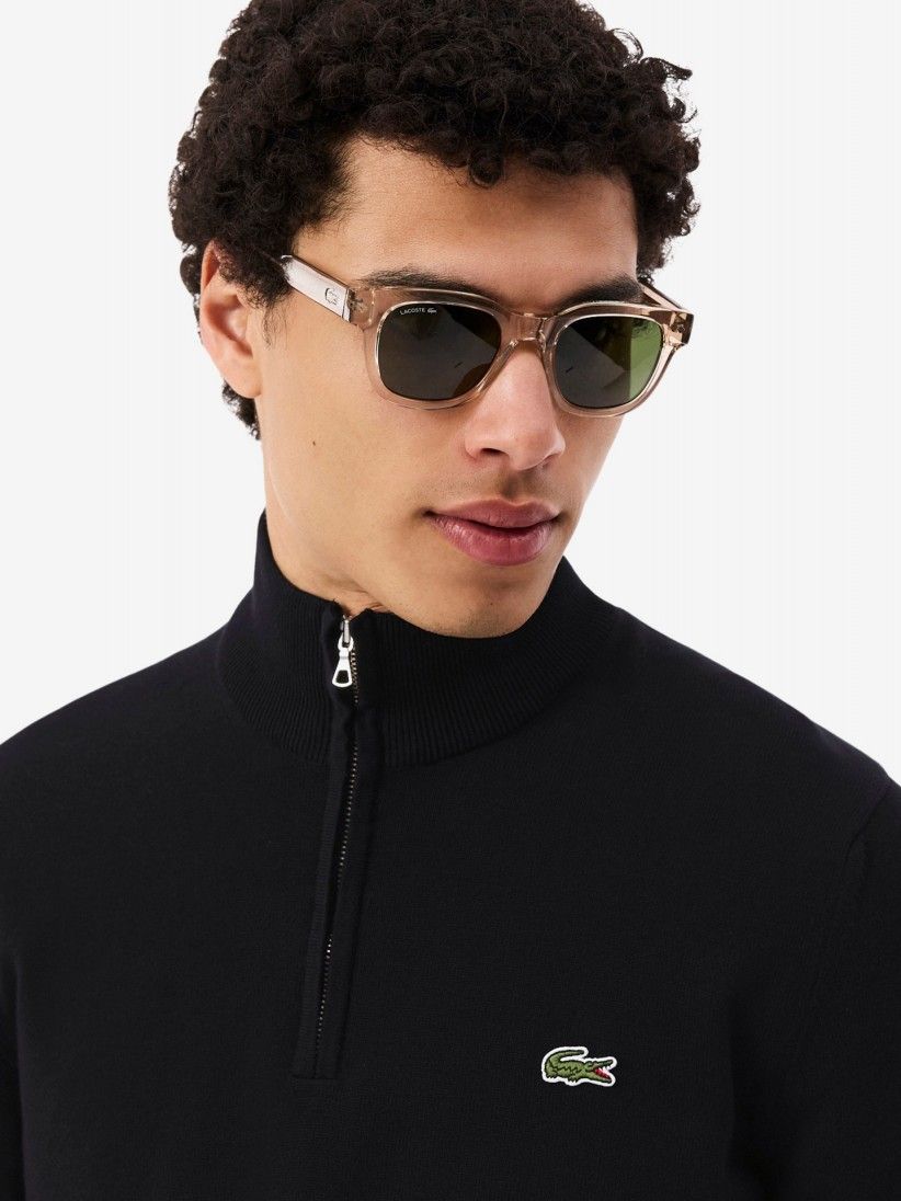 Camisola com Fecho Lacoste de Gola Alta em Algod�o Preta