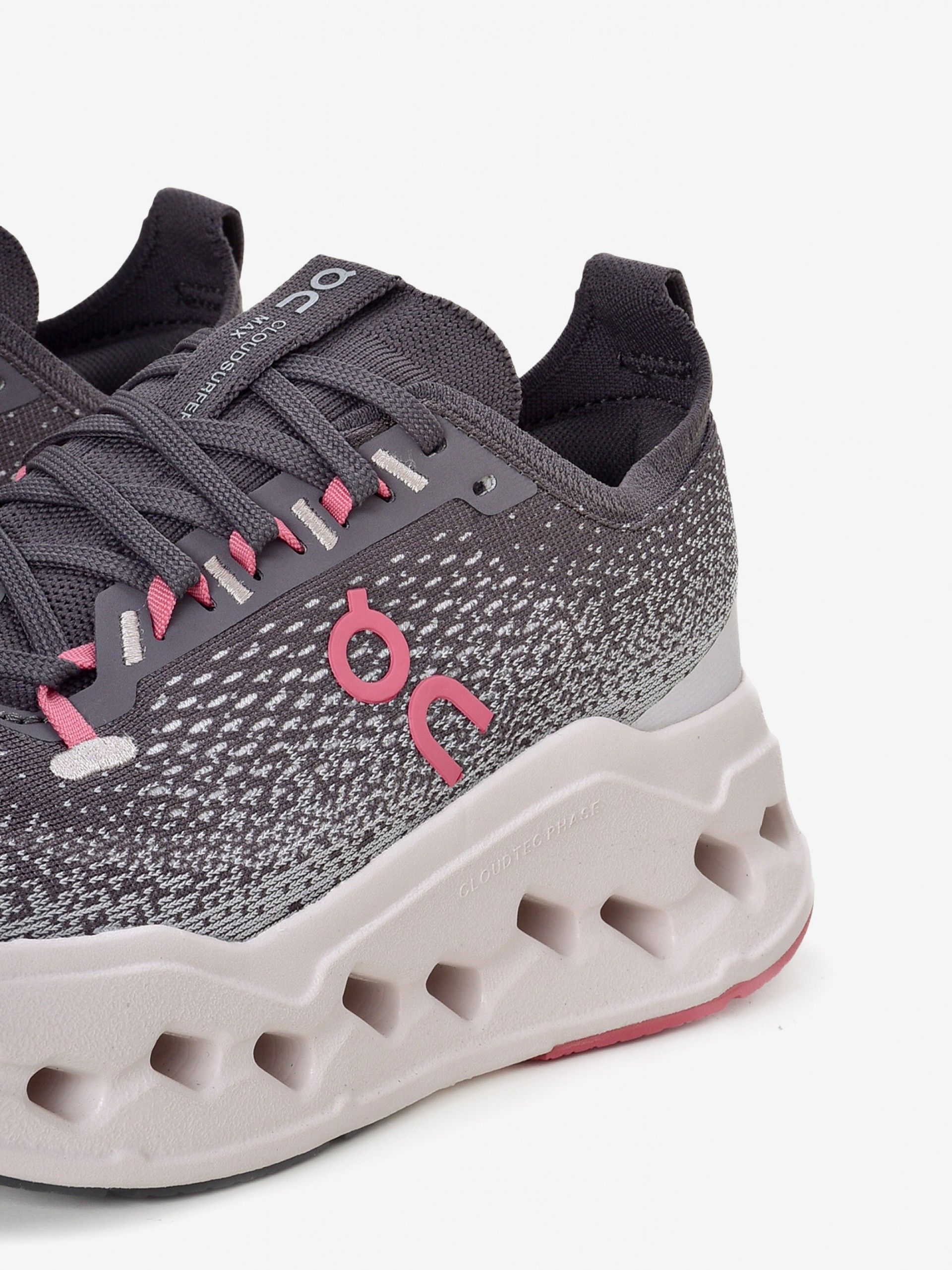 On Running Cloudsurfer Max Grey and Pink W Running Trainers