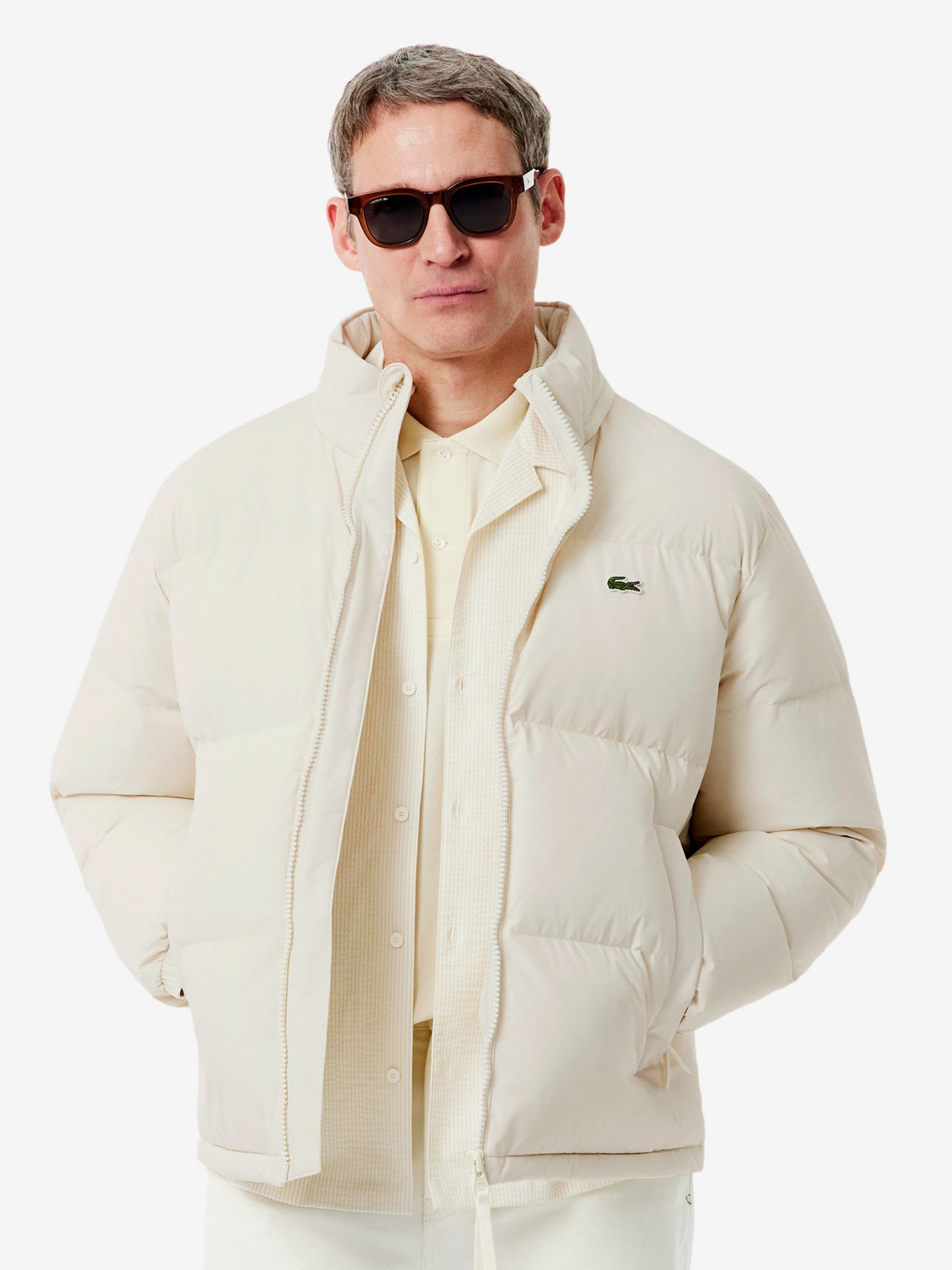 Lacoste Water-Repellent Down Beige Hooded Jacket