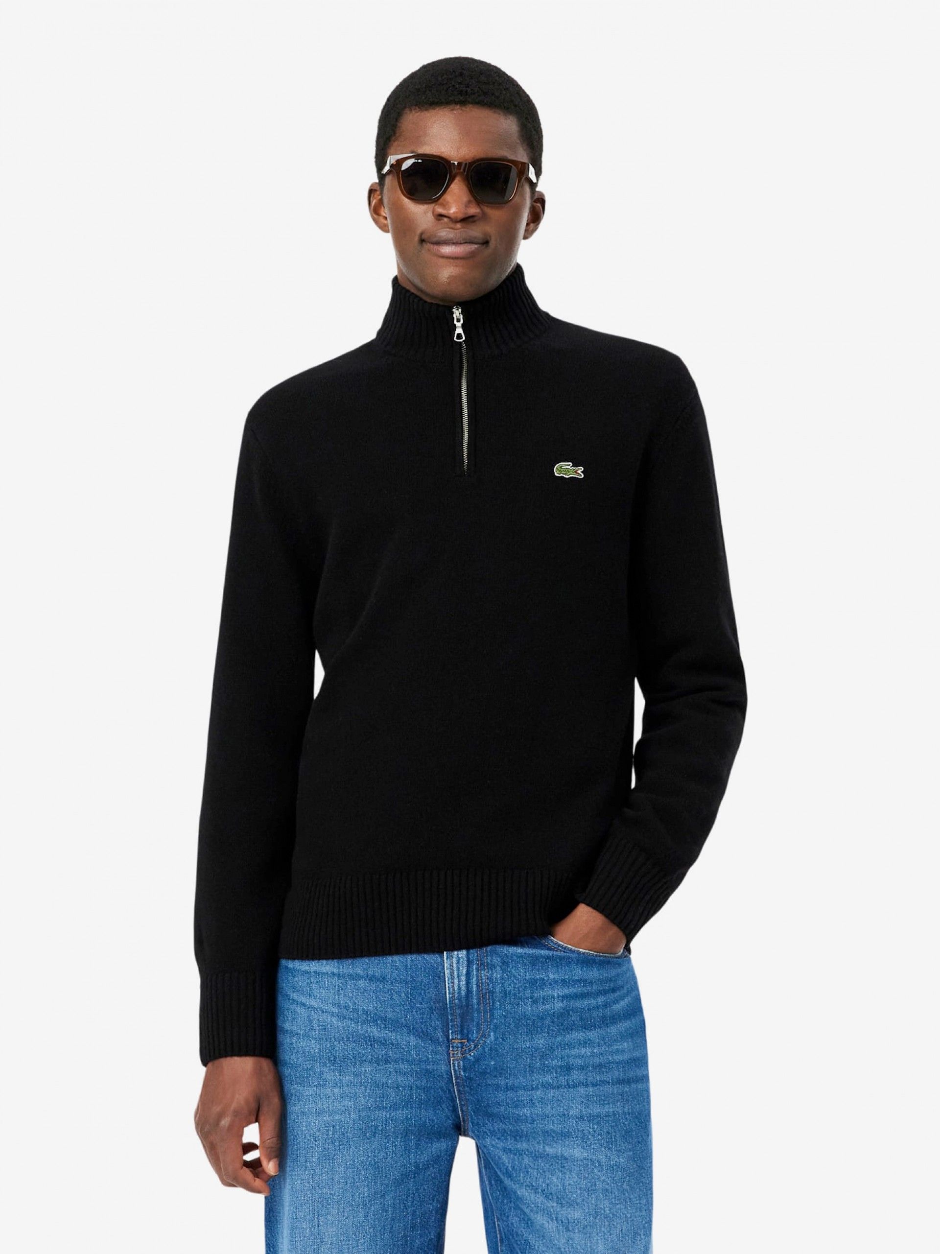 Lacoste High Neck Carded Wool Black Zip Sweater