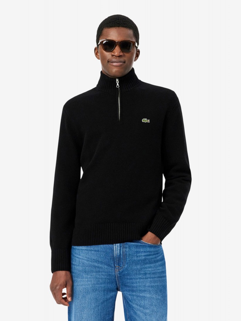 Lacoste High Neck Carded Wool Black Zip Sweater Lacoste High Neck Carded Wool Black Zip Sweater