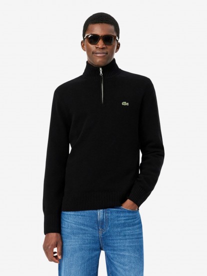 Camisola com Fecho Lacoste de Gola Alta em L� Cardada Preta