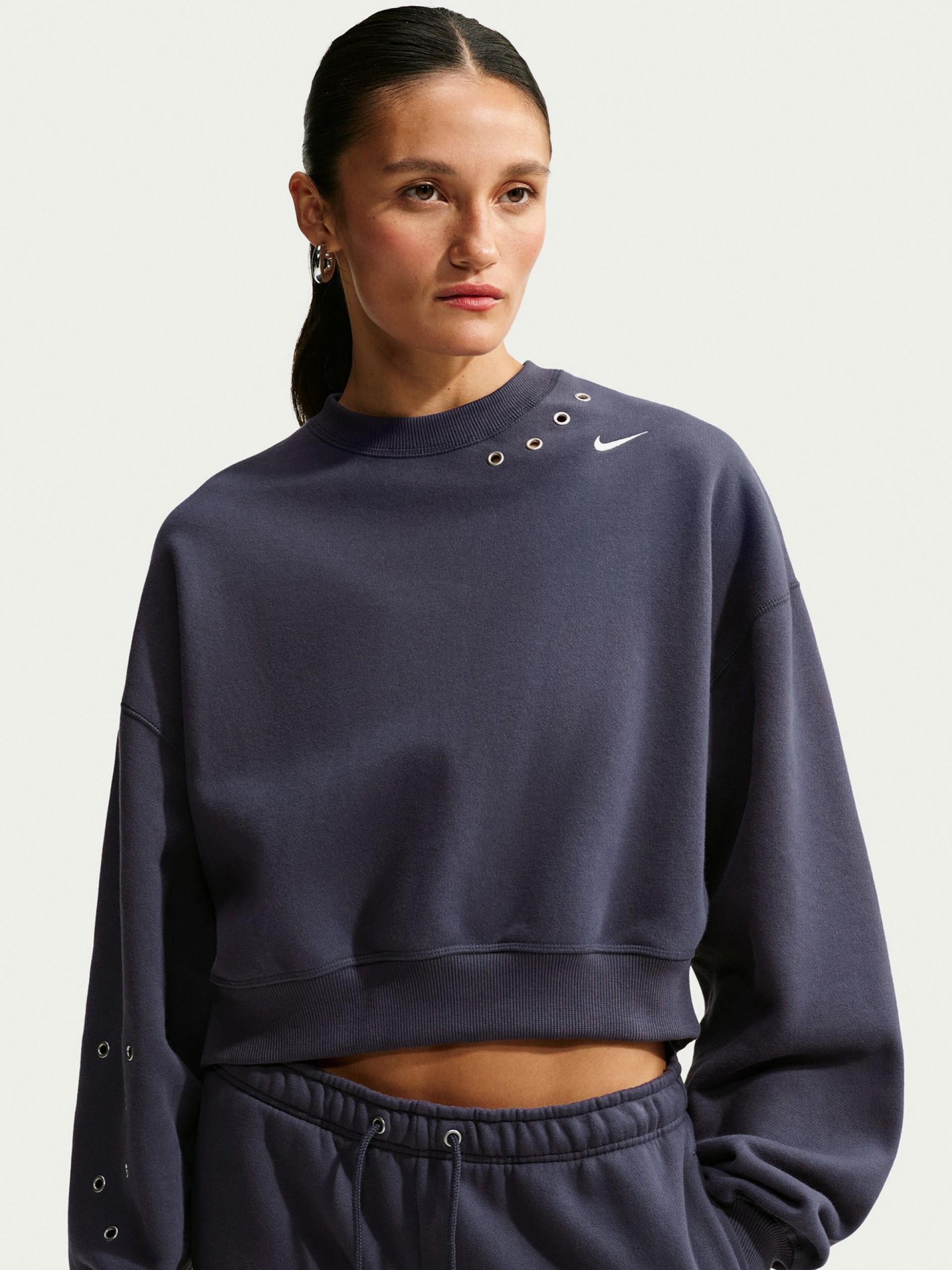 Camisola Nike Studio Fleece Oversized Cropped Azul Para Mulher